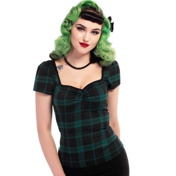 Collectif Tops - Collectif Slither top in green and black plaid 2XL